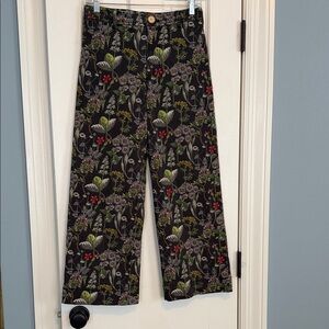 Pilcro Black Wide-Leg Pants with Green & Red Botanical Trim